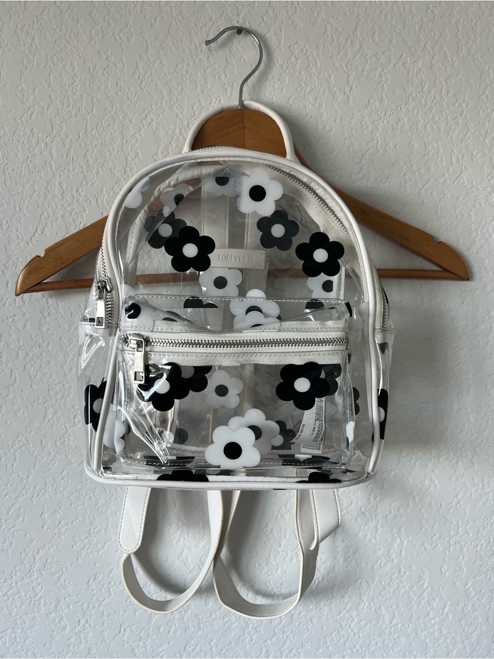 F21 Clear Mini Backpack with Black & White Flowers